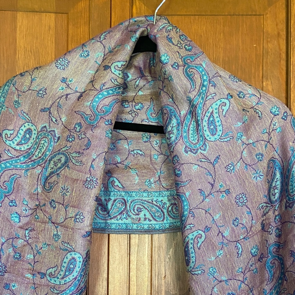 Paisley Print Scarf/Wrap With Gold Fringe ~ Teal, Purple and Brown - Picture 2 of 9